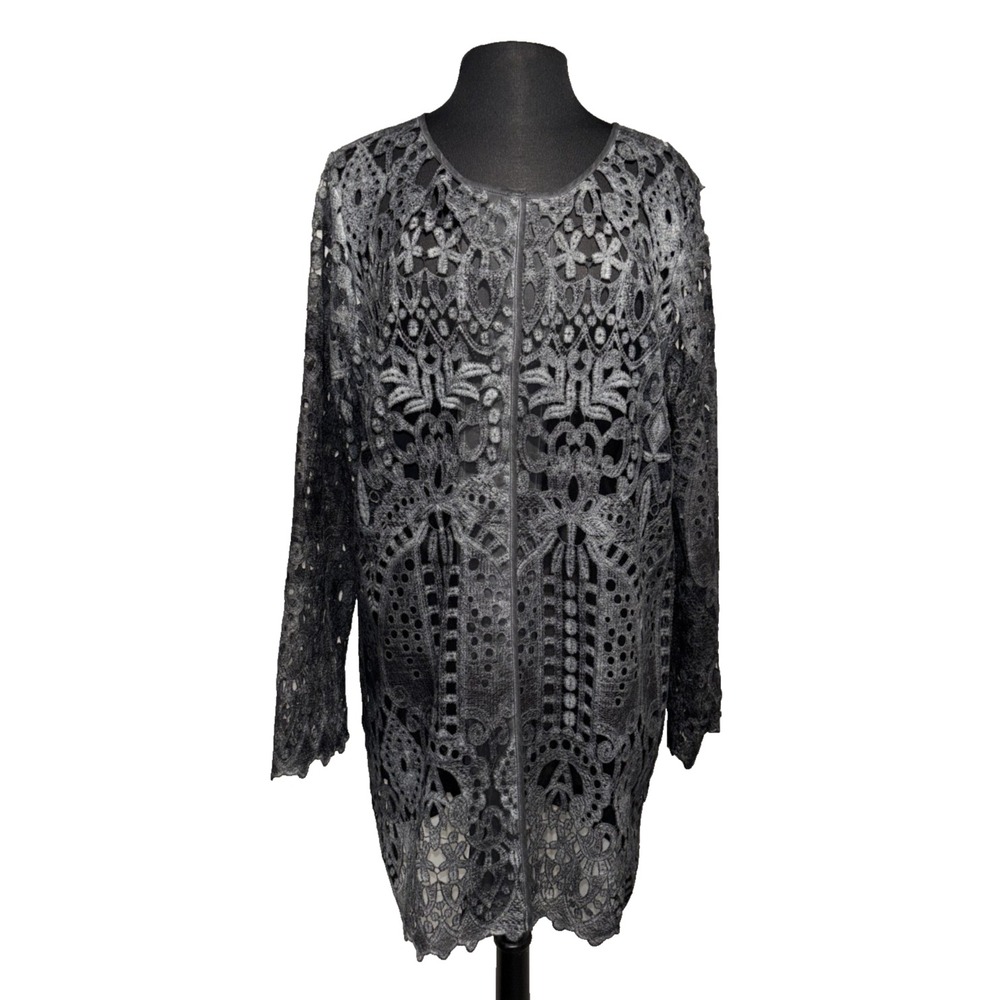 NEW Picadilly Canada Charcoal Lace Jacket Crochet‎ Cutwork Size XL Long Topper